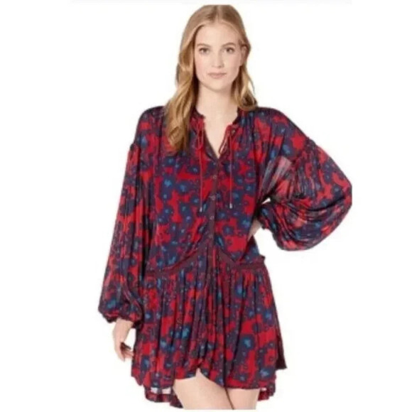 Free People Top Love Letter Mini Dress Merlot Tunic Combo Oversized - Picture 1 of 16